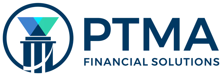 Logo for PTMA Financial Solutions with abstract shape in a circle.