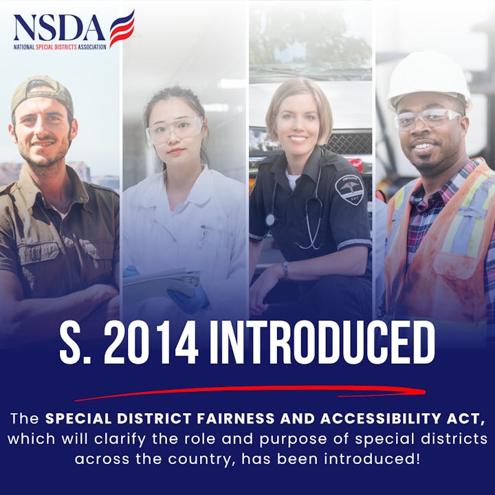 The image announces the introduction of S. 2014, the Special District Fairness and Accessibility Act, by NSDA.