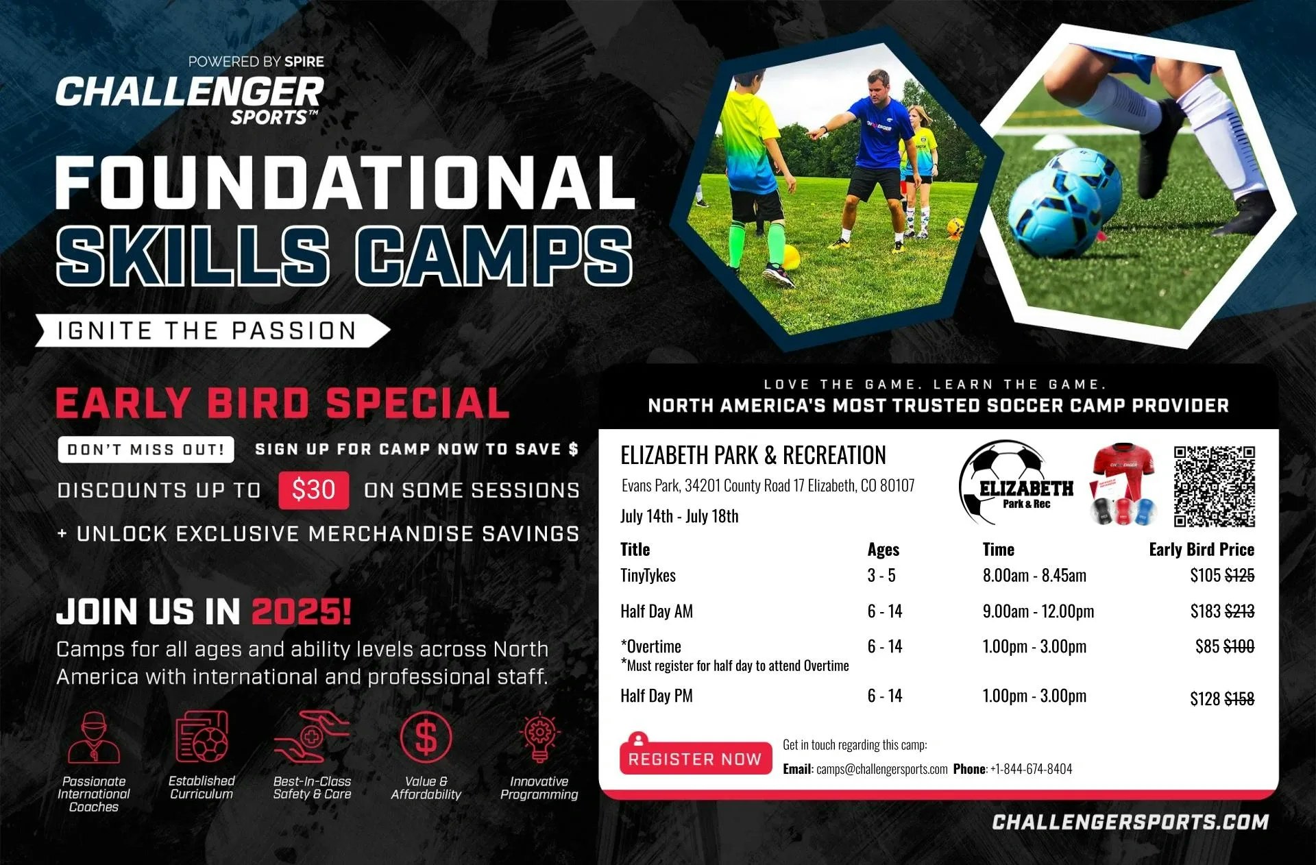 Soccer camp ad with early bird specials, sessions from July 14-18, 2025, at Elizabeth Park. Ages 3-14. Discounts and merchandise savings.