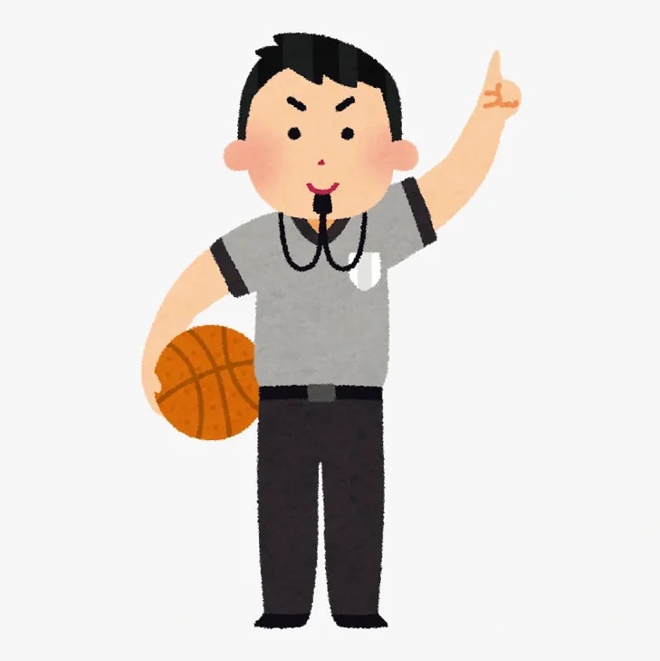 A cartoon referee holding a basketball and pointing upward.