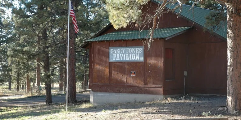 A rustic pavilion building labeled "Casey Jones Pavilion" surrounded by trees and an American flagpole.