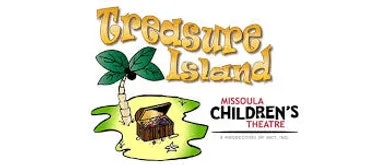 "Treasure Island" logo with a palm tree and treasure chest, by Missoula Children's Theatre.