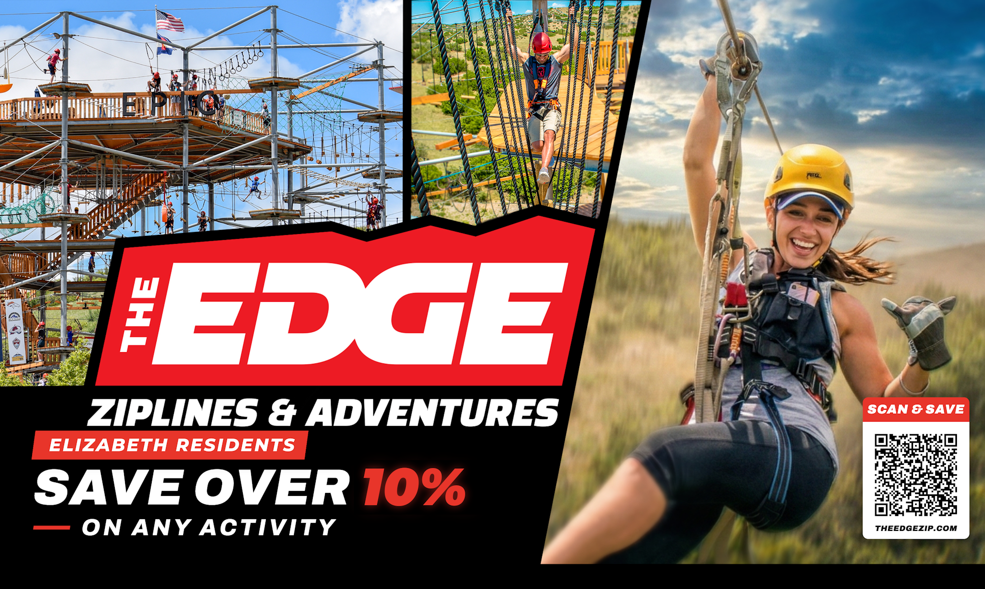 Promoting The Edge Ziplines & Adventures with a discount for Elizabeth residents. Enjoy outdoor activities and save over 10%!