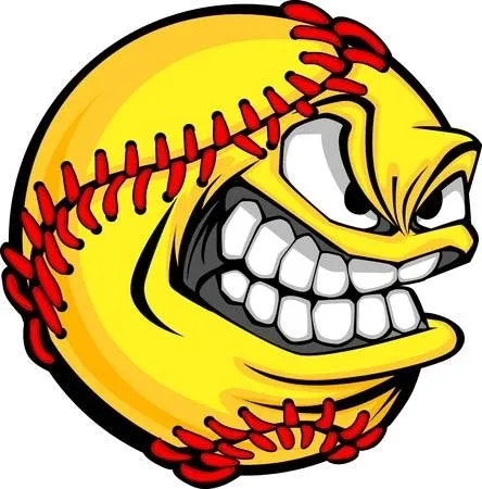 A cartoon baseball with red stitches, showing a fierce expression and gritted teeth.