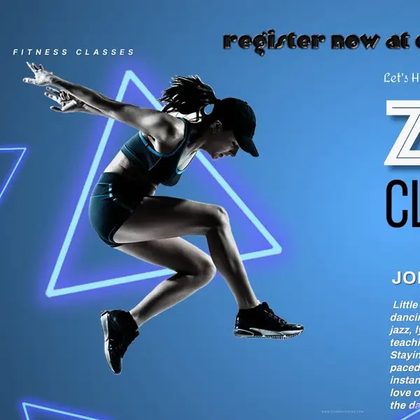 A person jumping in sports attire against a blue background with text about fitness classes and registration.