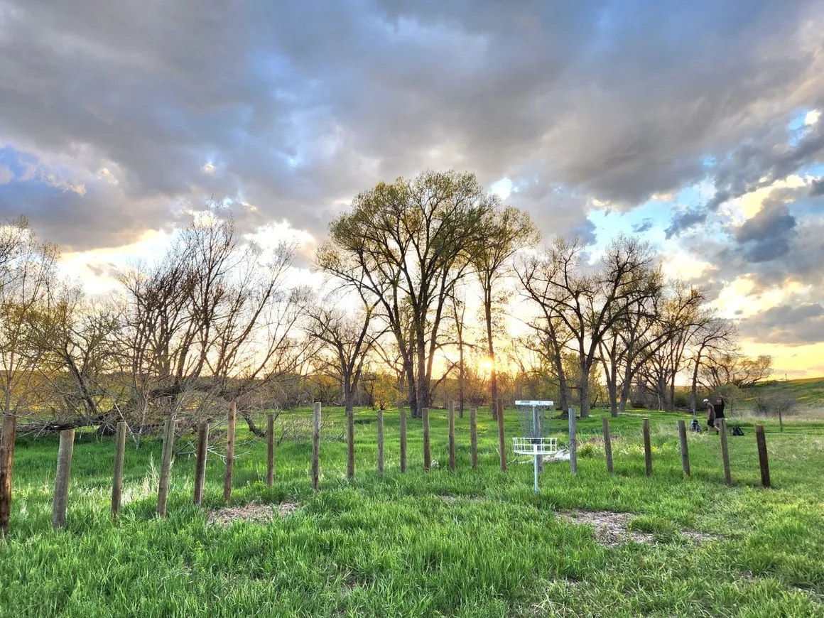 A green field with scattered trees, a disc golf basket, wooden posts, and a person in the background under a cloudy sky at sunset.