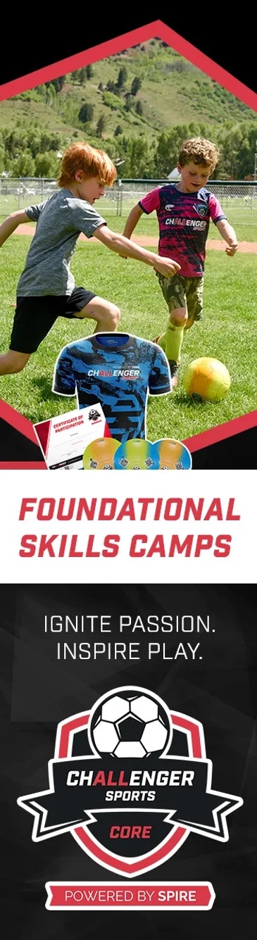 Two kids playing soccer, "Foundational Skills Camps" text, Challenger Sports logo, powered by Spire.