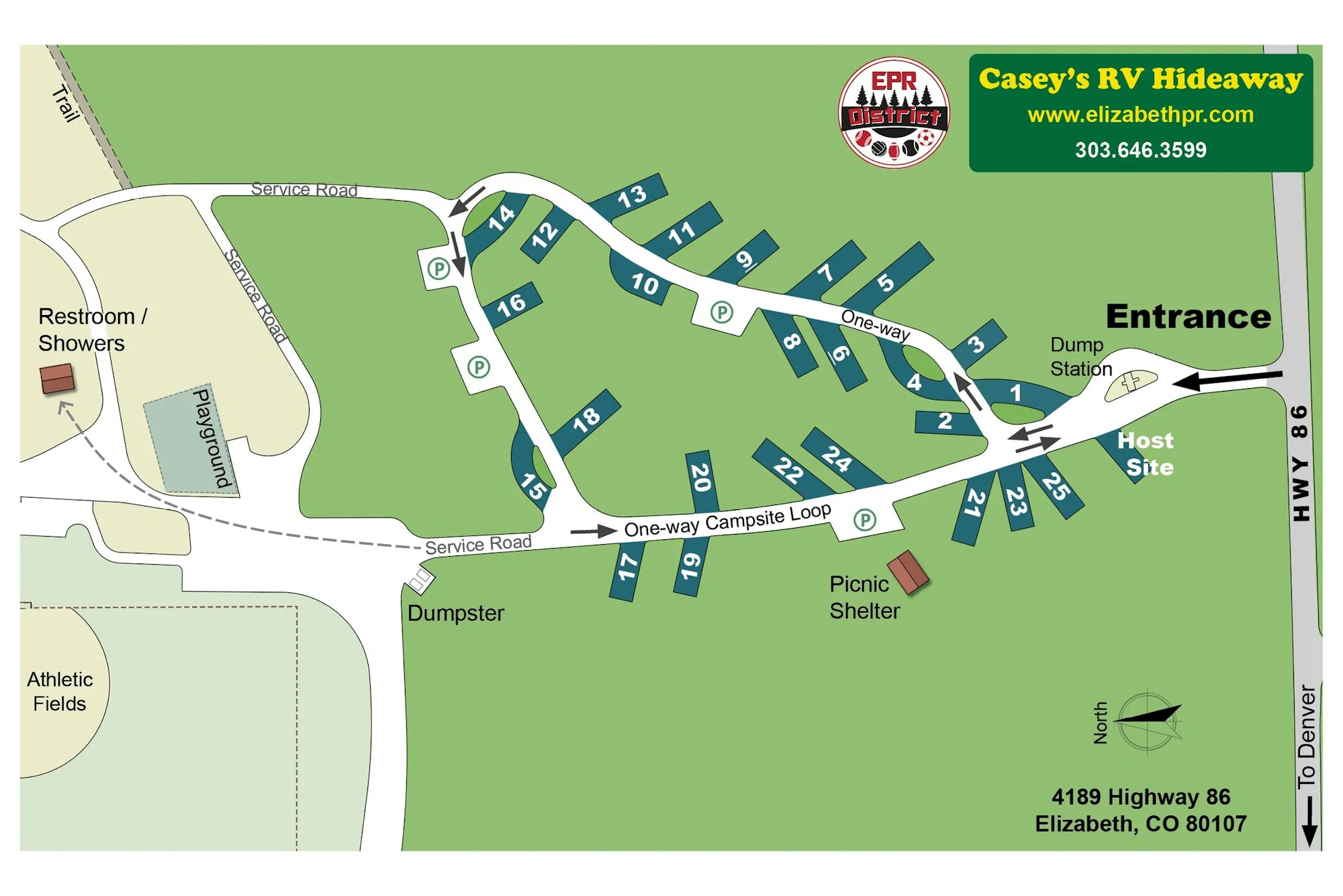 Map of Casey's RV Hideaway with campsites, picnic shelter, restroom, playground, and service roads in Elizabeth, CO.
