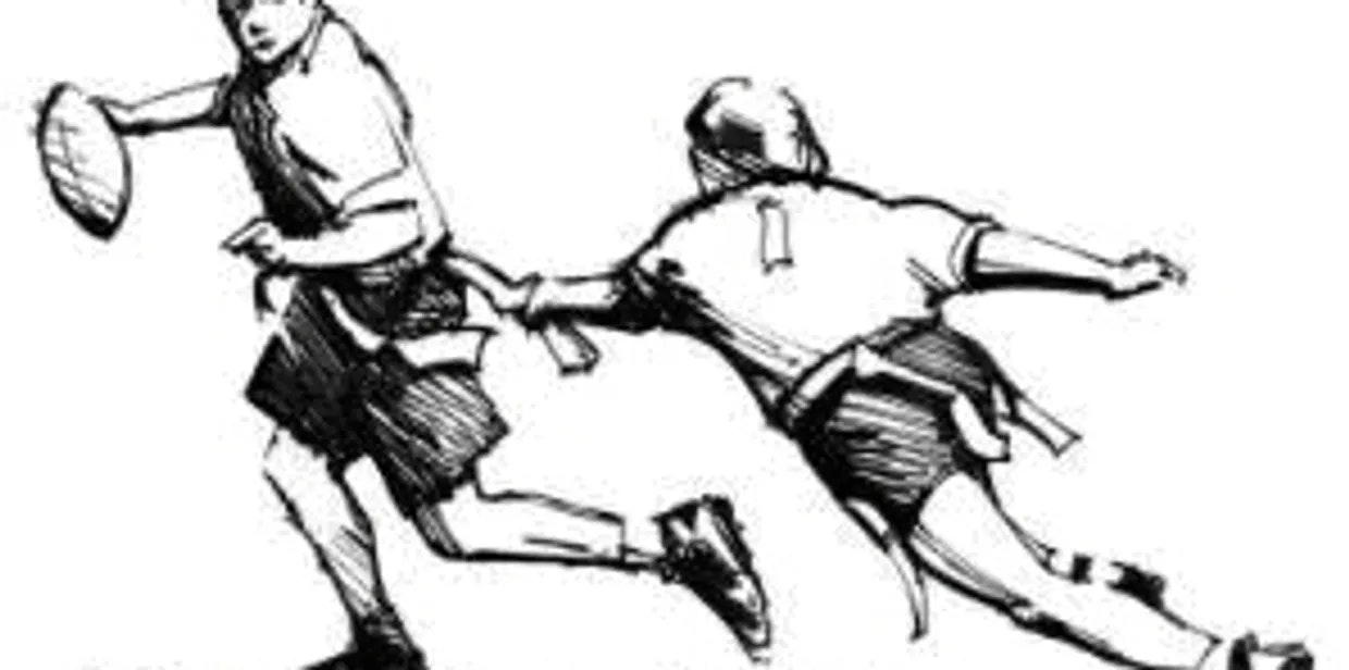Two people playing rugby, with one holding the ball and evading the other.