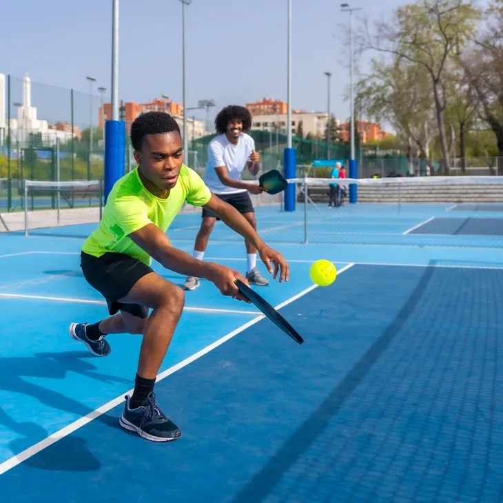 Two people playing pickleball on an outdoor court, one in a green shirt hitting the ball.
