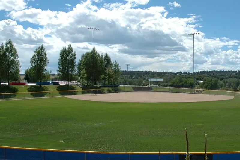 A baseball field with a grassy outfield, dirt infield, blue fence, trees, light poles, and a partly cloudy sky.
