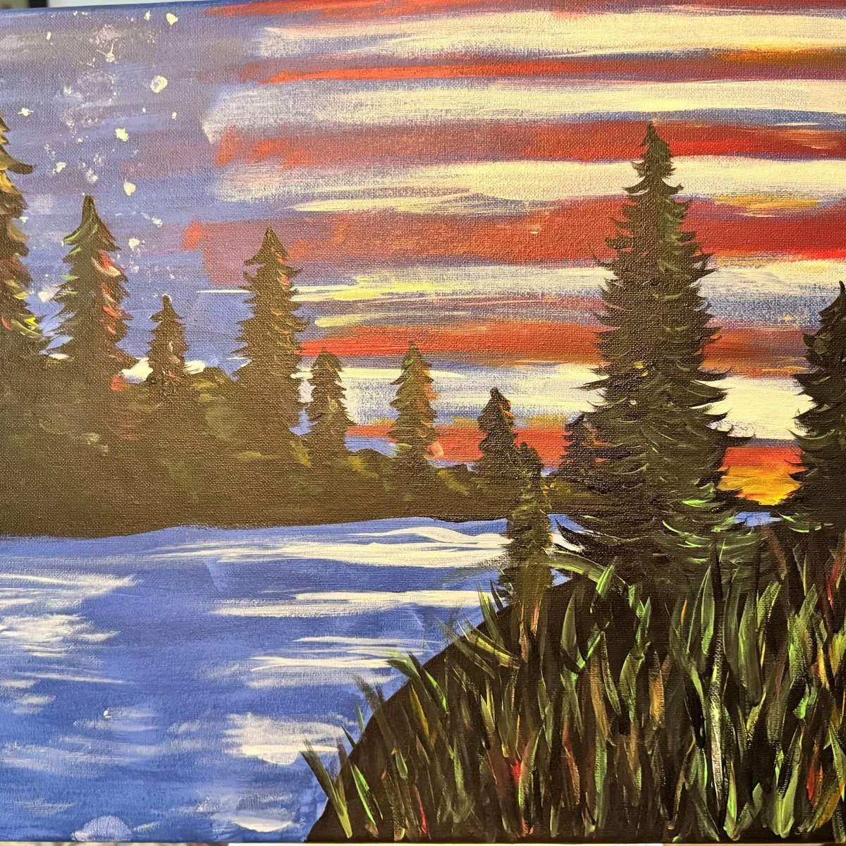 A colorful painting depicting a scenic landscape with trees by a lake under a starry sky and a vibrant sunset.