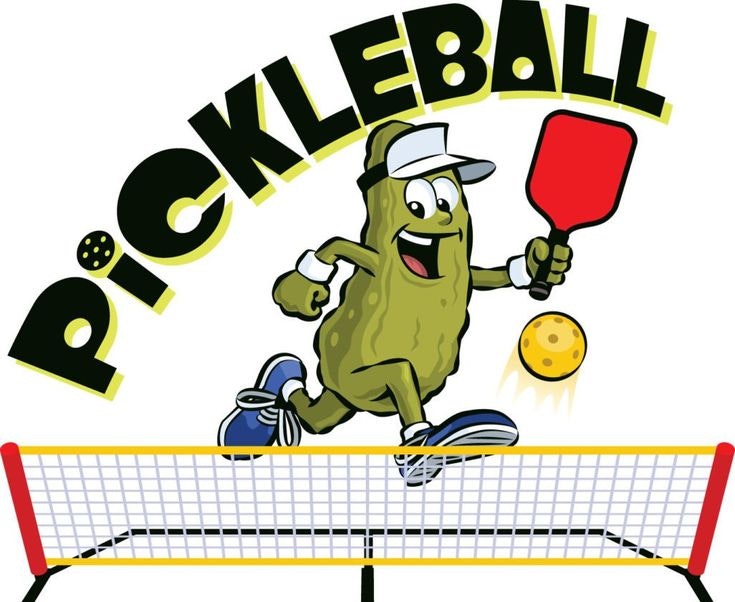 A cartoon pickle character is playing pickleball, running with a paddle and a ball, with "PICKLEBALL" written above.