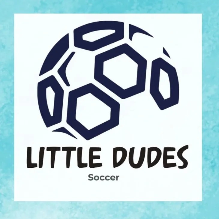 A hexagonal soccer ball design above the text "LITTLE DUDES Soccer" on a turquoise background.