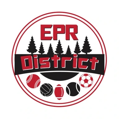 A circular logo with "EPR District," trees, and various sports balls, including baseball, basketball, football, and soccer.