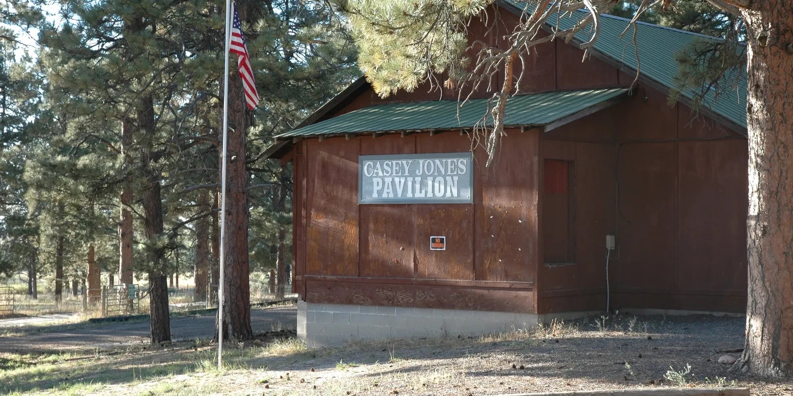 A brown wooden pavilion with a sign reading "Casey Jones Pavilion," surrounded by trees and an American flag on a pole.
