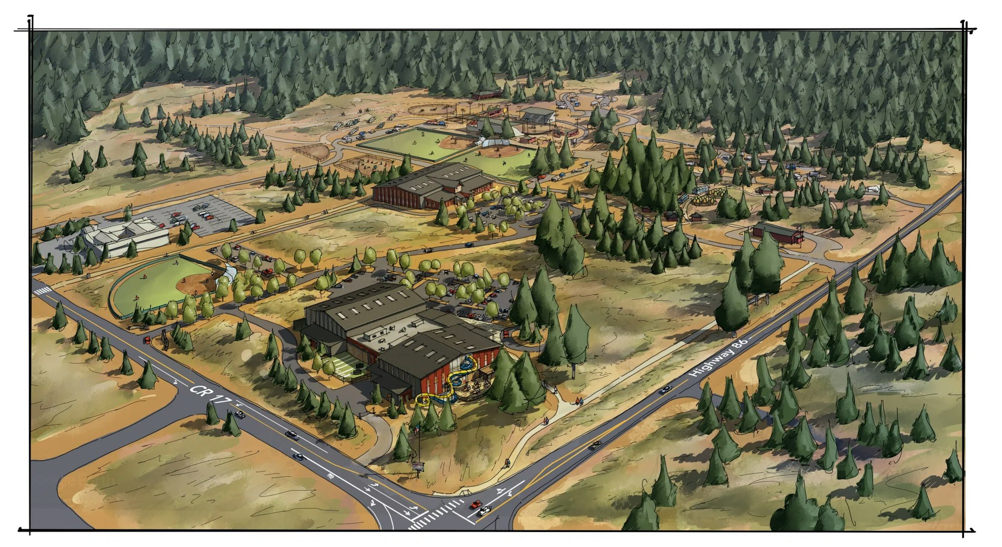 Illustrated aerial view of a wooded campus with buildings, roads, parking lots, and open spaces.