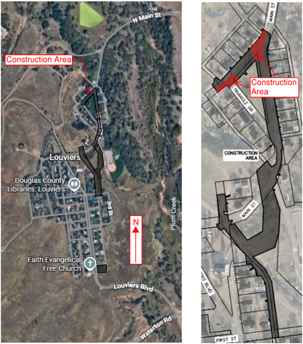 Maps showing construction areas in Louviers, highlighting affected streets and landmarks.