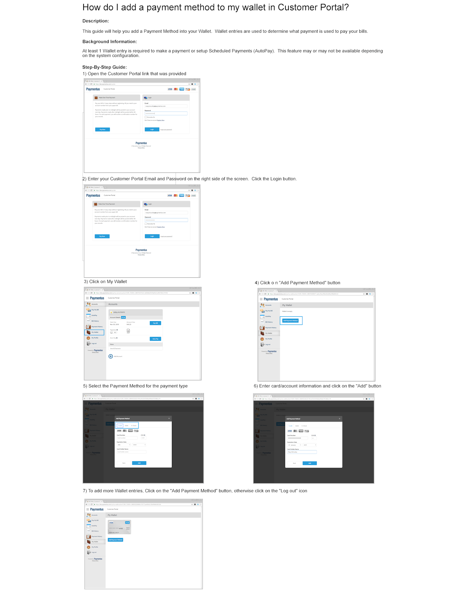 Guide to add a payment method in a customer portal wallet, including screenshots and step-by-step instructions.