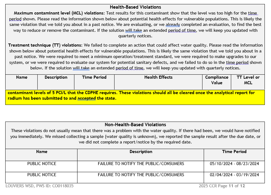 The image shows water quality violations, including health and non-health-based, with details on contaminant levels and notification issues.
