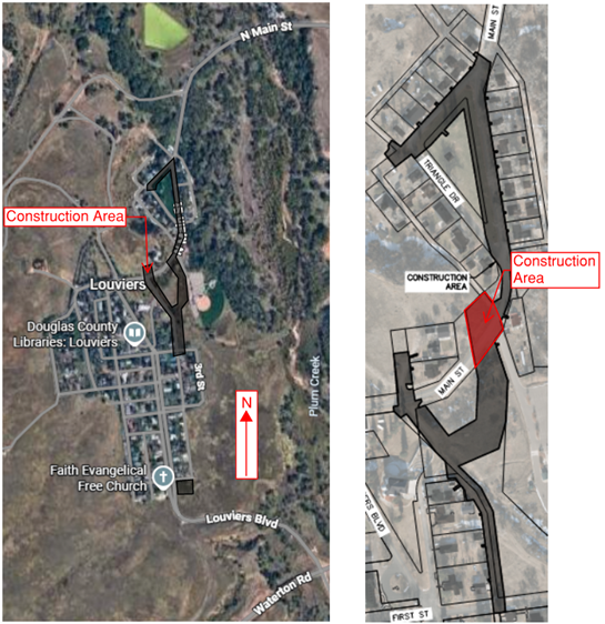 Two maps of Louviers highlighting designated construction areas, with orientations and key landmarks labeled.