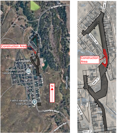 The image shows a map of Louviers highlighting two construction areas, with directional arrows and nearby landmarks.