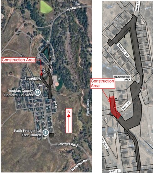 Map showing Louviers with highlighted construction areas. Includes key landmarks like a church and library. North indicated.