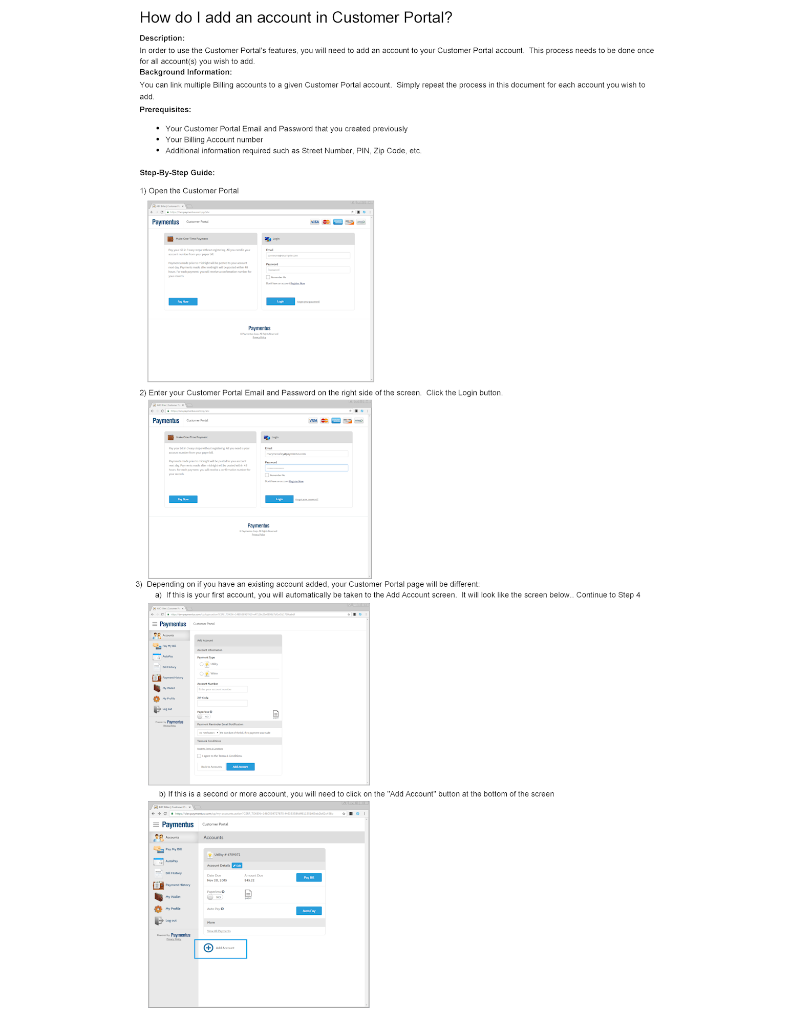 Guide on adding an account in Customer Portal with step-by-step instructions and screenshots.
