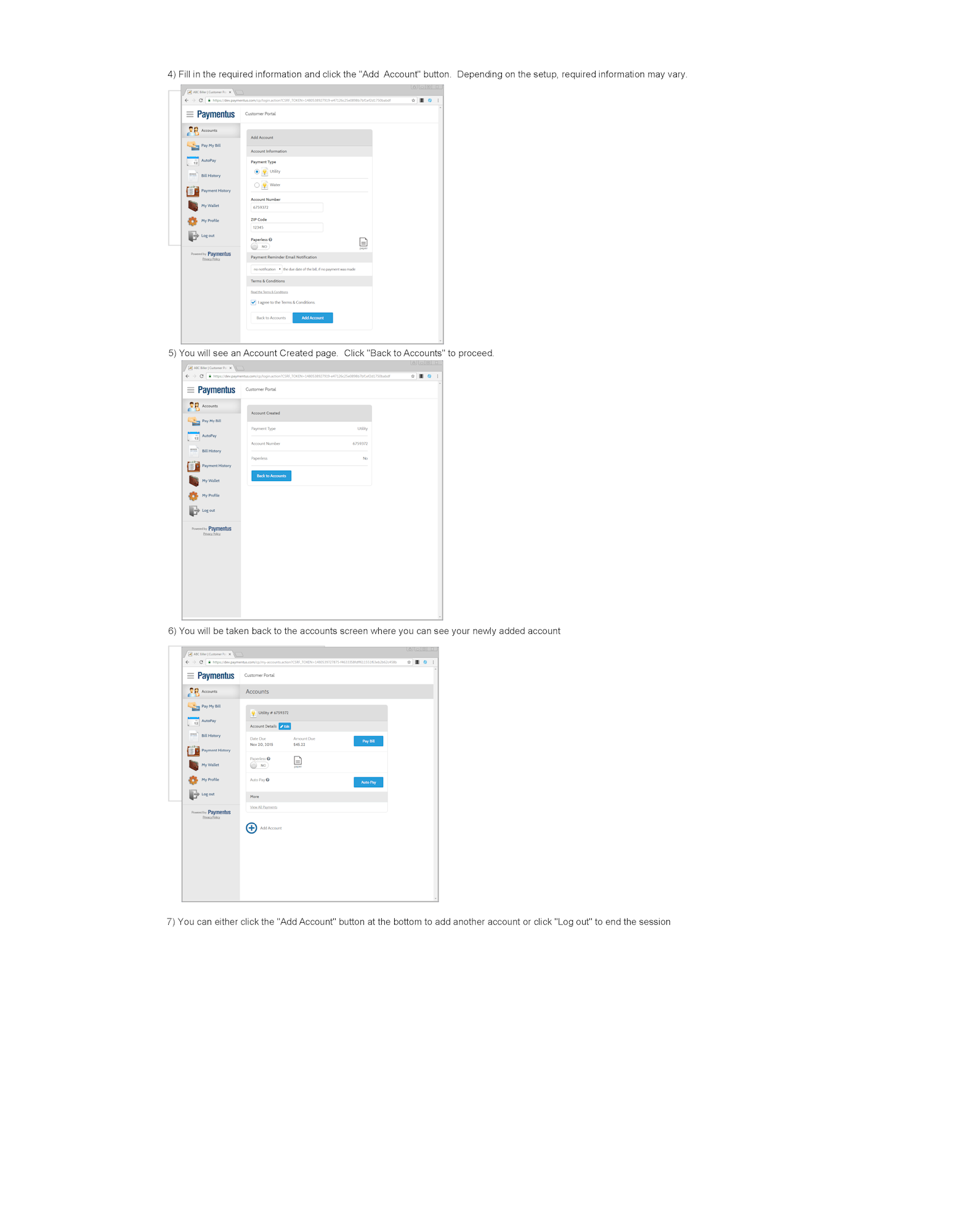 Guide on adding an account in a payment portal, with steps for entering details, viewing confirmation, and managing accounts.