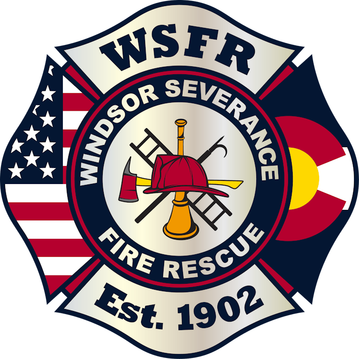 A badge with "Windsor Severance Fire Rescue" text, fireman's helmet, axes, bell, American flag, and Colorado state flag elements. Est. 1902.