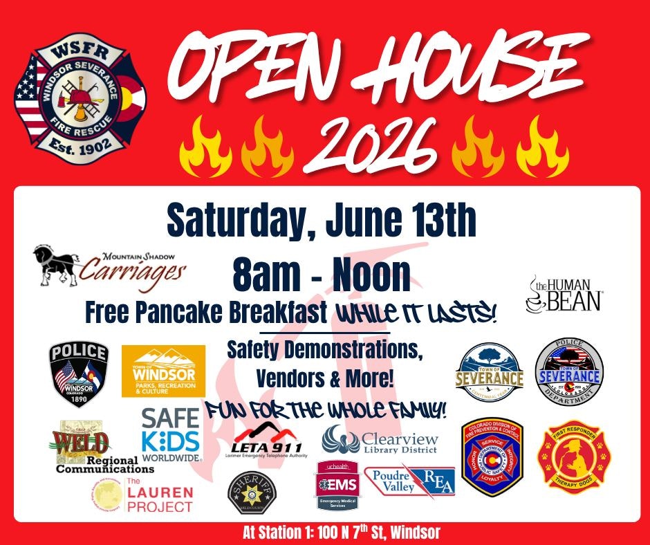 Open House event on June 13, 2026, 8am-noon. Free pancakes, safety demos, vendors, fun for the whole family at Windsor Fire Rescue.