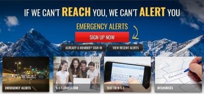 A banner promoting emergency alerts with "Sign Up Now" button, images of people and locations, and messages about alert types and resources.