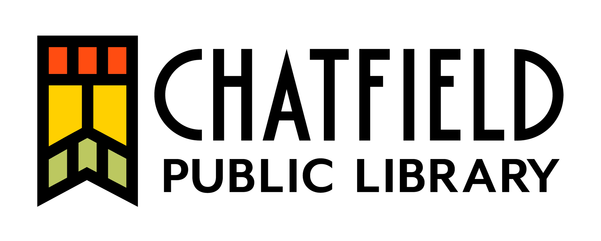 Logo with three orange rectangles, two yellow trapezoids, and three green parallelograms arranged in a symmetrical, abstract design with black. outline.