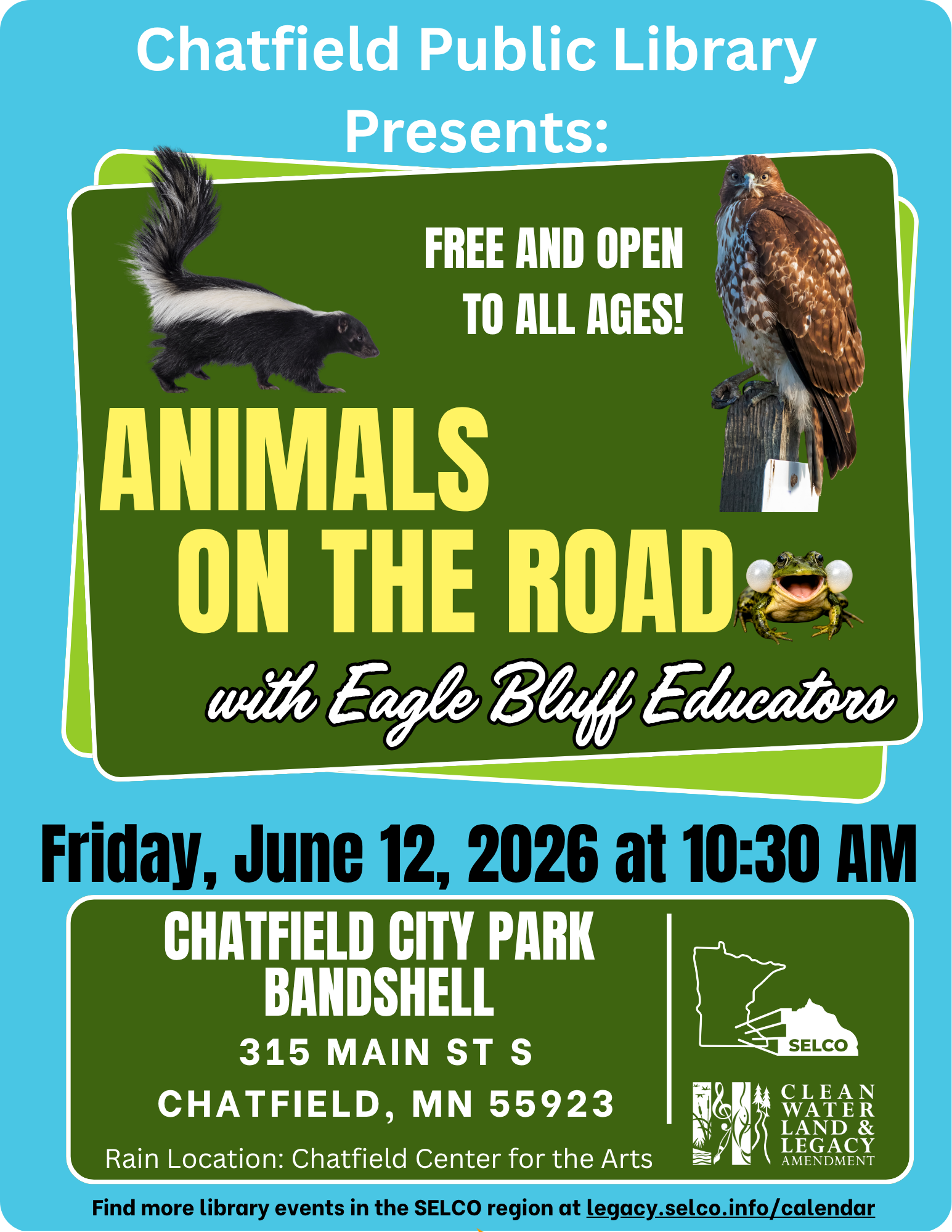 Chatfield Public Library hosts "Animals on the Road" with Eagle Bluff Educators, June 12, 2026, at Chatfield City Park. All ages welcome!