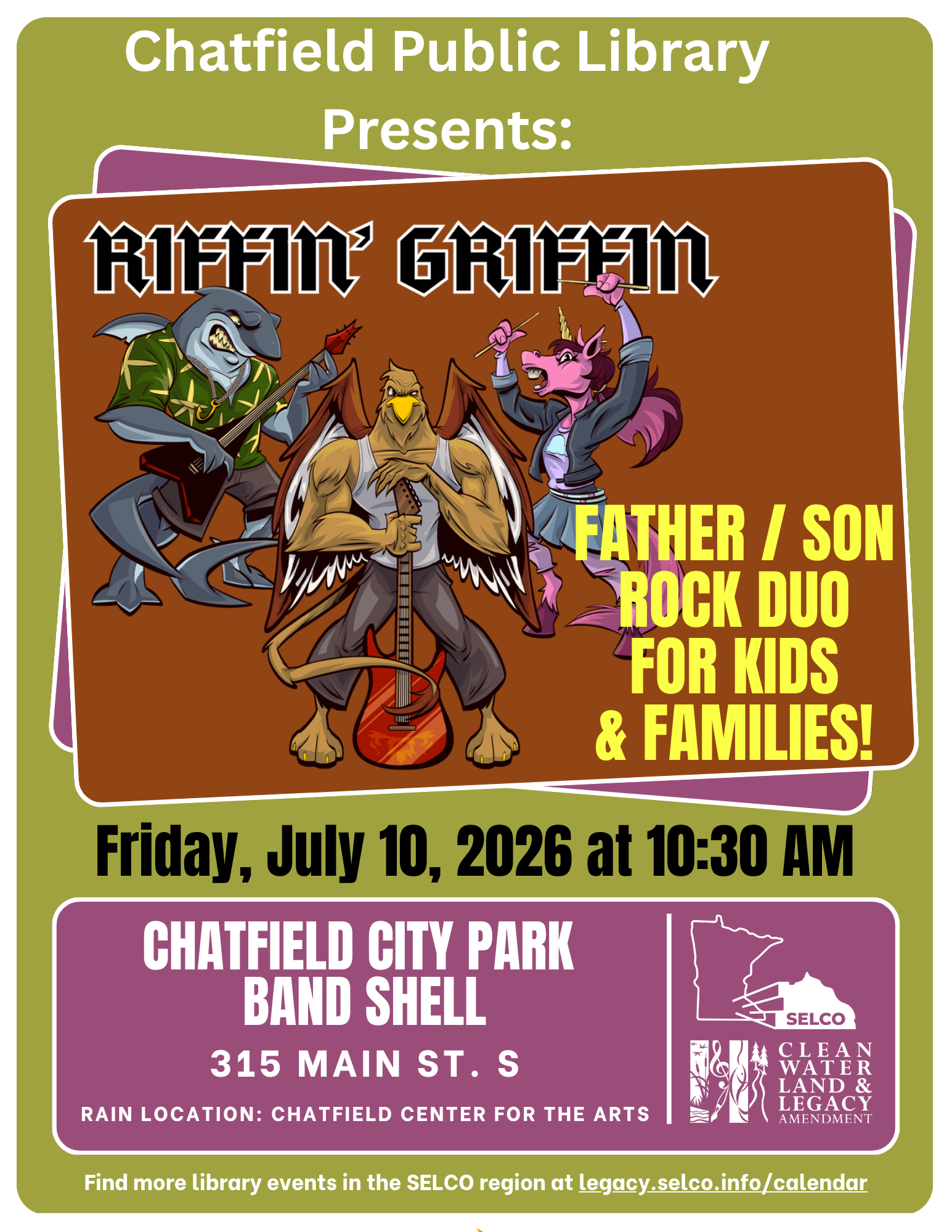 Chatfield Public Library presents "Riffin' Griffin," a father-son rock duo for kids and families on July 10, 2026, at Chatfield City Park.