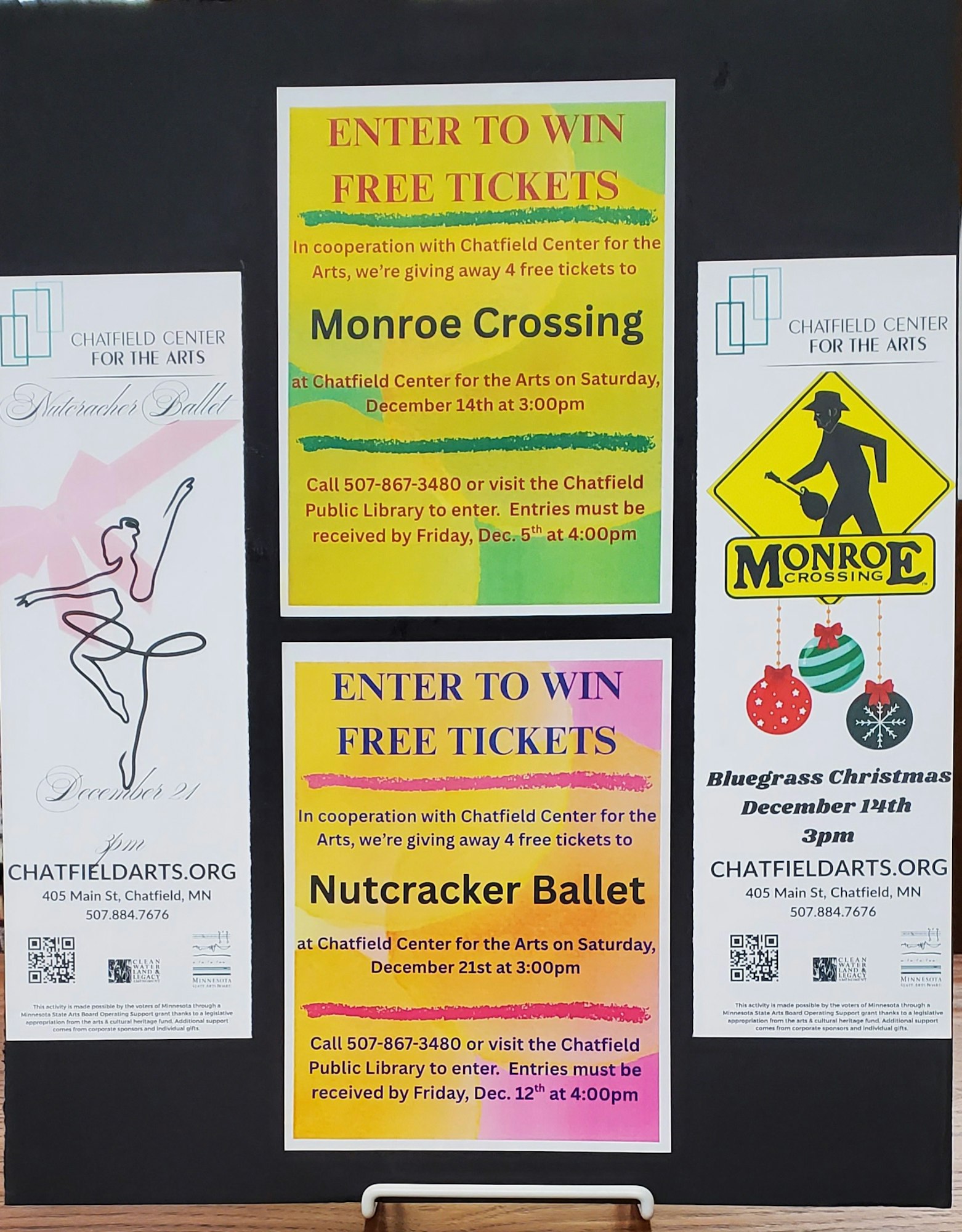 Flyers for free tickets to Monroe Crossing (Dec 14) and Nutcracker Ballet (Dec 21) at Chatfield Center for the Arts.