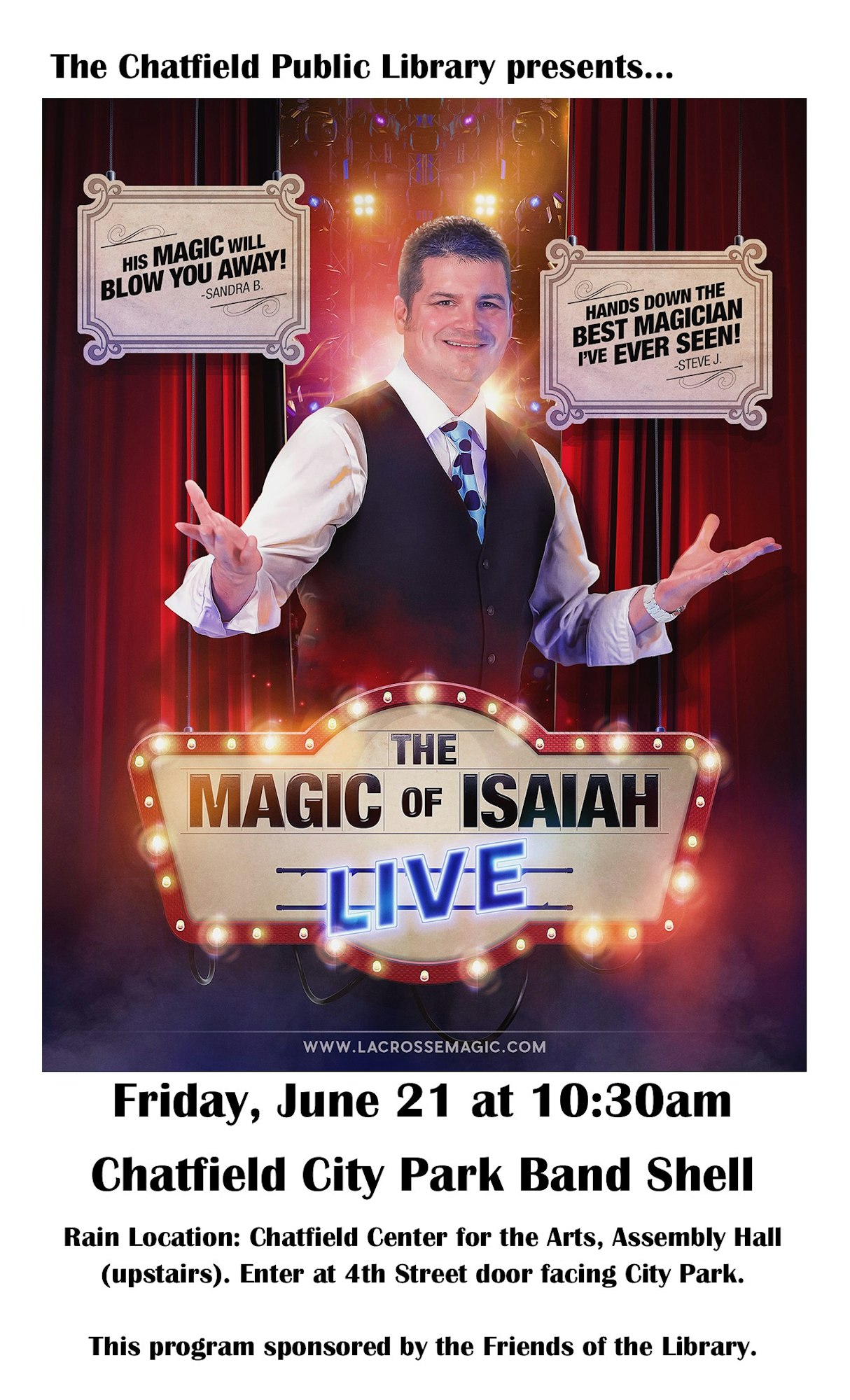 A poster advertising a live magic show event, "The Magic of Isaiah," presented by the Chatfield Public Library.