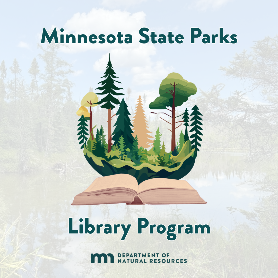 Minnesota State Parks Library Program; trees rising from an open book, by Department of Natural Resources.
