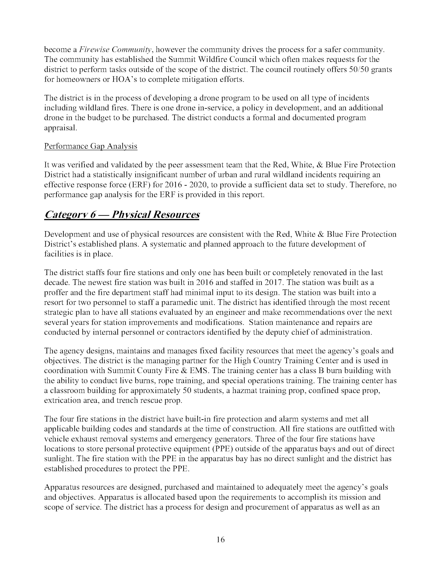 A text document discussing "Physical Resources" about fire station facilities and resources of the "Red, White & Blue Fire Protection District".