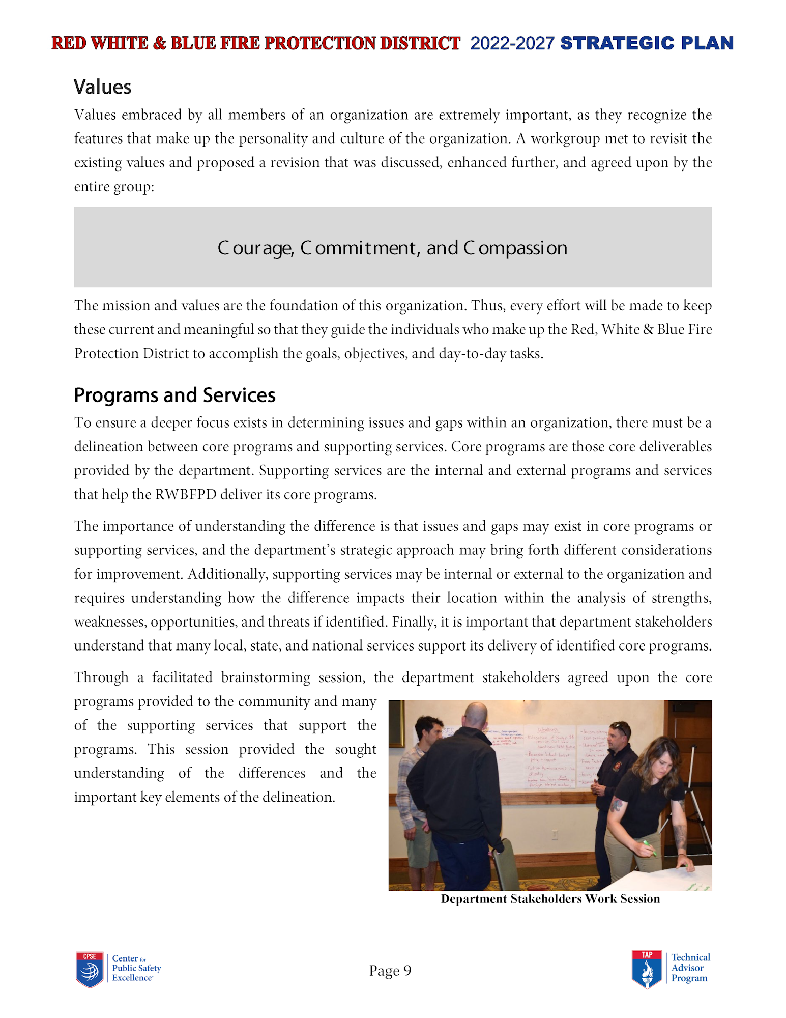 A page from a strategic plan document showing text about Values, Programs and Services, and a photo of people in a workshop session.