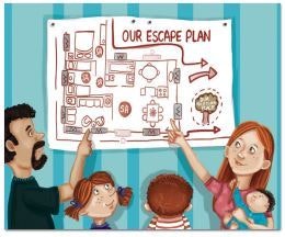 Cartoon of a family looking at an "Our Escape Plan" map, planning an emergency exit.