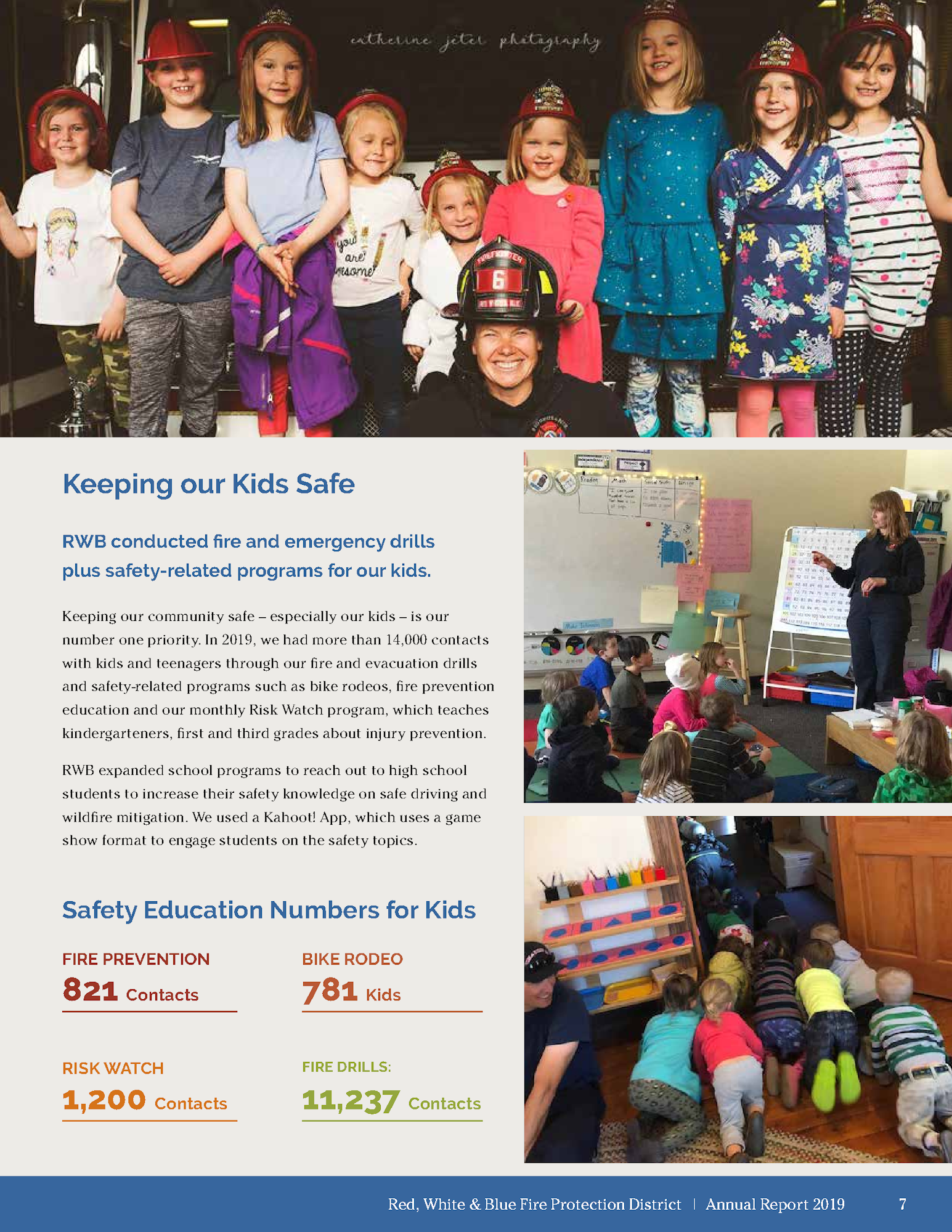 Group of smiling children with a firefighter, promoting safety education programs for kids.