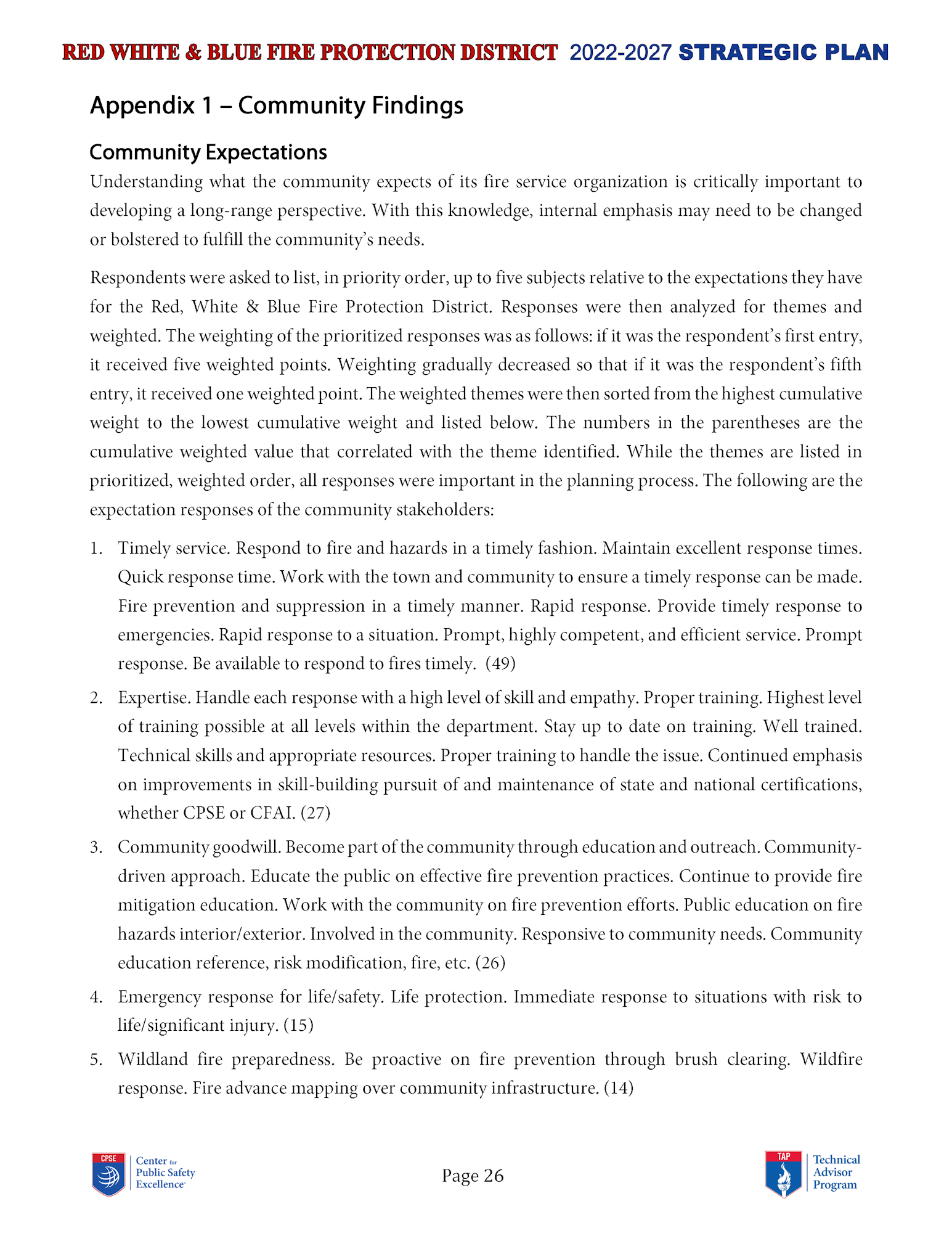 The image shows a document titled "Red White & Blue Fire Protection District 2022-2027 Strategic Plan" with a section on "Community Expectations," outlining five prioritized community expectations for the fire service.