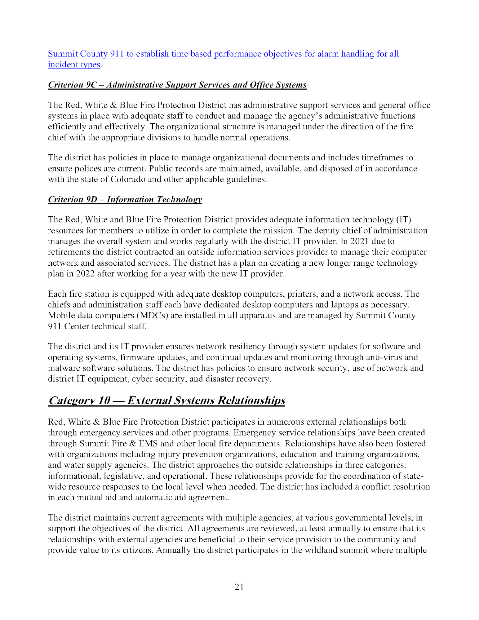 A document discussing administrative support services, IT, and external system relationships for a fire protection district.