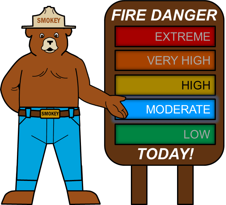 An animated bear next to a fire danger sign indicating a moderate fire danger for the day.