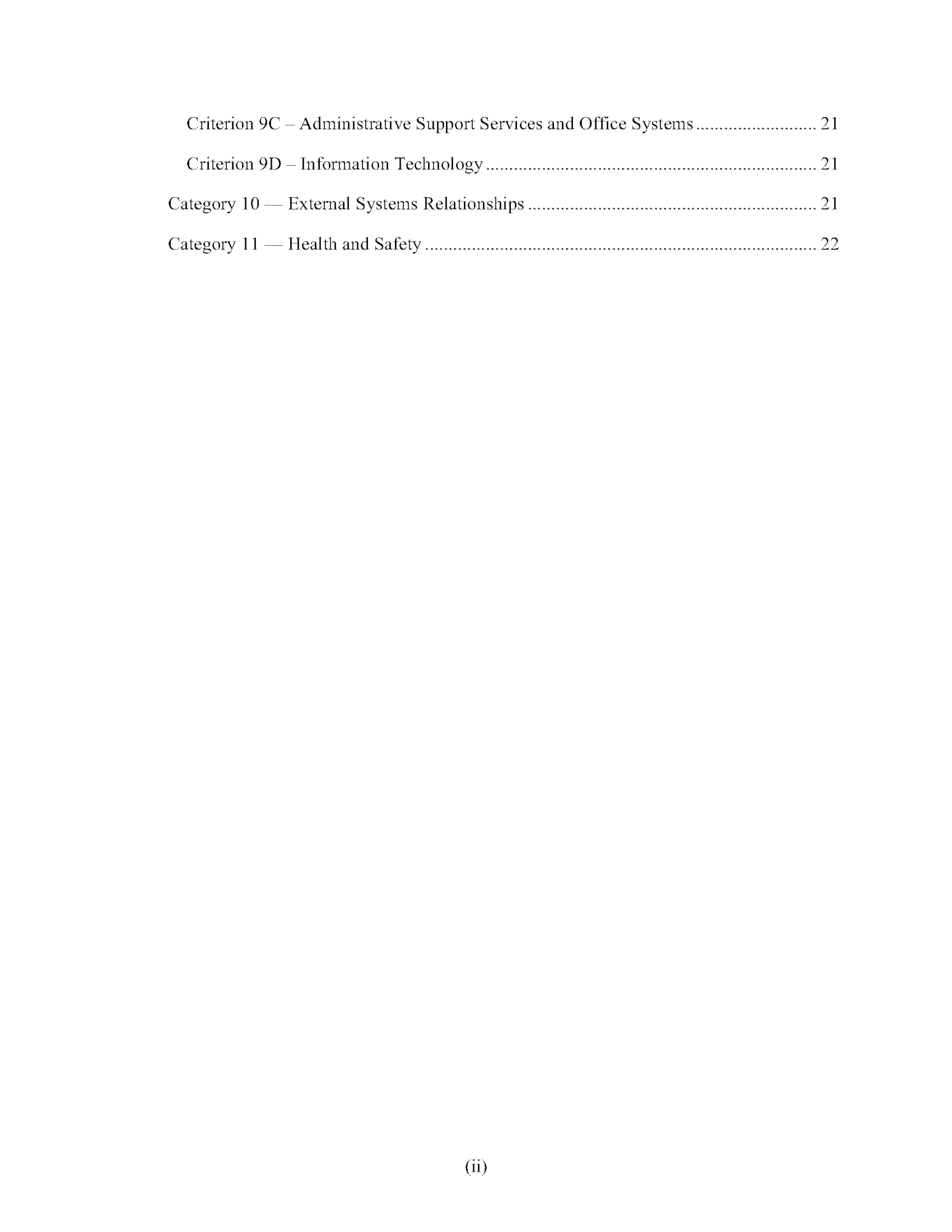 A document page listing criteria and categories related to administration, IT, relationships, health and safety with page numbers.