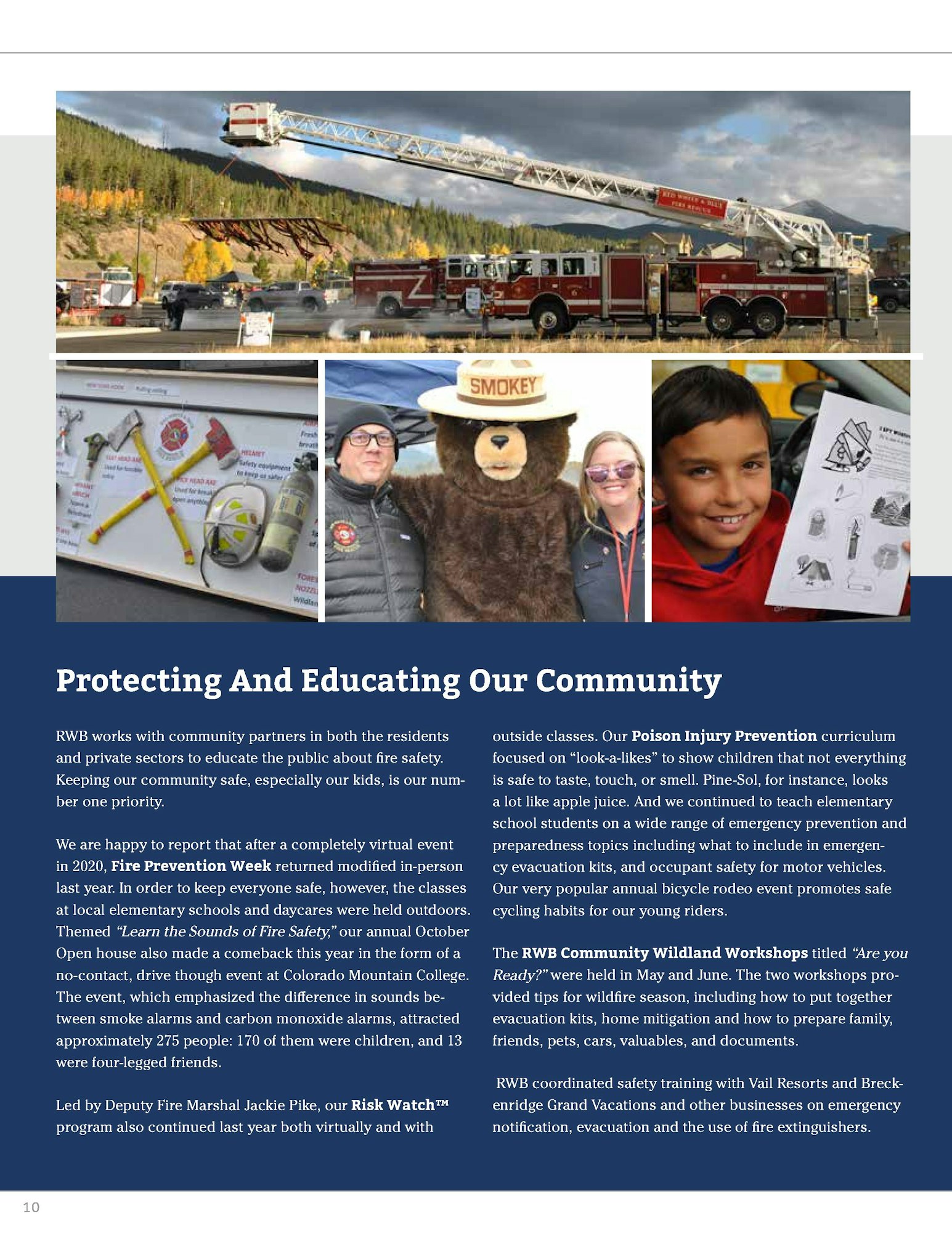 Fire safety educational materials, a fire truck ladder, people posing with a Smokey Bear mascot, and a child holding a booklet.