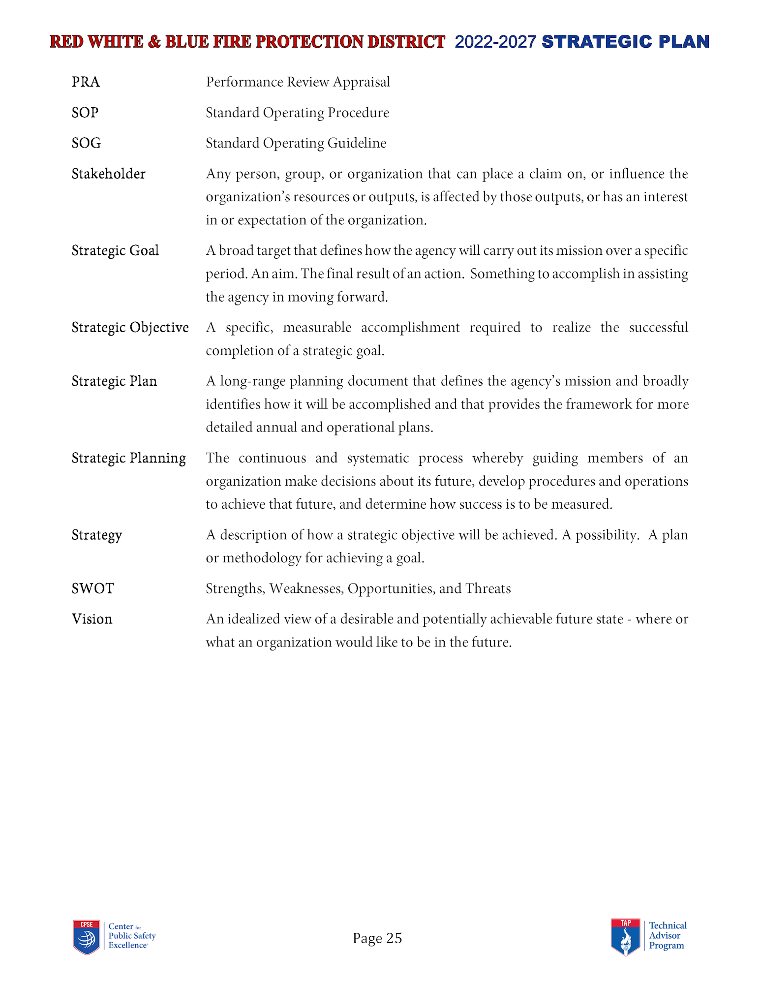 A glossary page from a strategic plan document defining terms like 'Strategic Goal' and 'SWOT'.