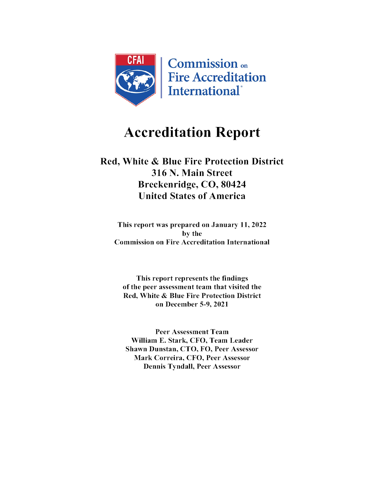 A cover page of a fire accreditation report for Red, White & Blue Fire Protection District by CFAI.