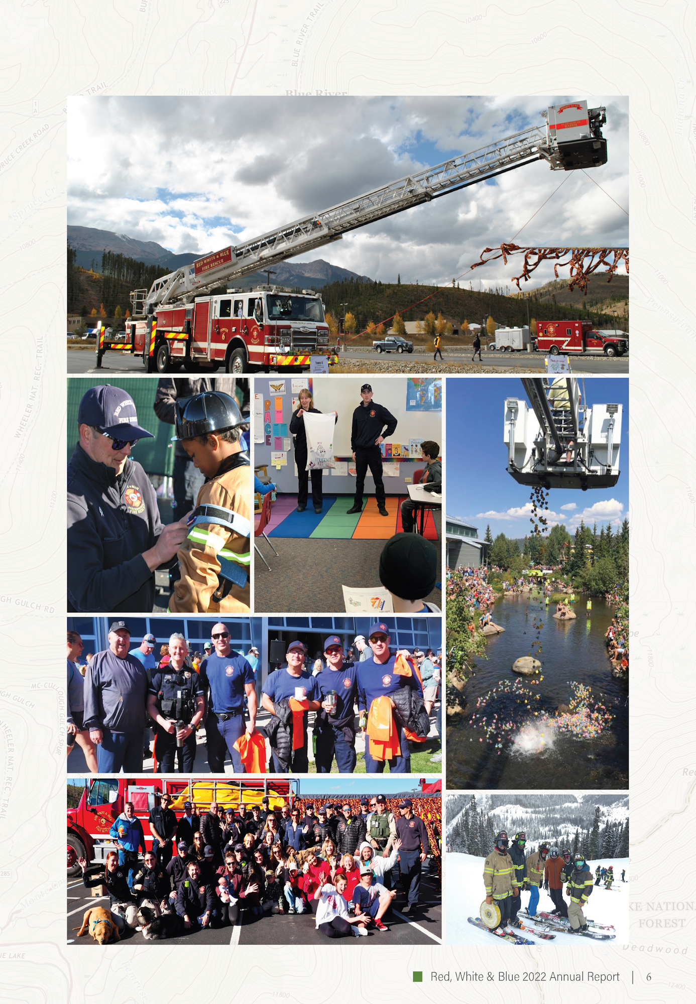 Collage of firefighters in various activities, including training, community engagement, and a group photo.